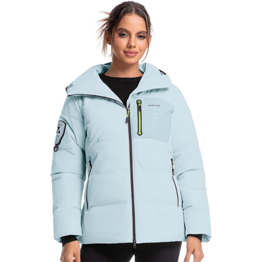 Women's Arctic Blue Ski Snowboard Jacket Hooded Coat Windproof Multiple Pockets